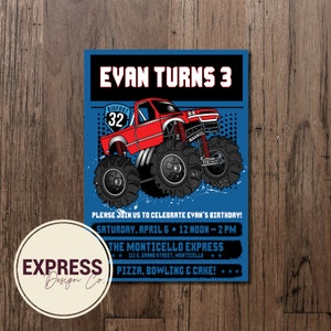 CUSTOMIZED Blue & Red Monster Truck Birthday Party Celebration Invitation