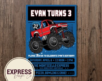CUSTOMIZED Blue & Red Monster Truck Birthday Party Celebration Invitation