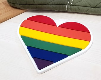 Pride Flag Trivet - Heart Shaped Non-slip silicone hot pad - drink coaster - spoon rest - LGBTQ Gay Lesbian Gift