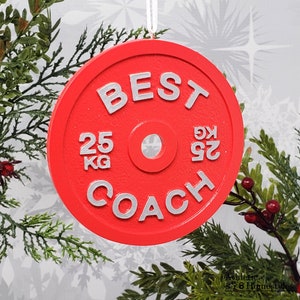 Best Coach Ornament / Barbell Plate Christmas Decoration / Car Mirror Charm / Trainer Crossfit Weightlifting Powerlifting Strongman Gift image 1