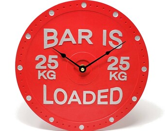 Barbell Wall Clock - Bar is Loaded 25kg Weight Plate / Home Gym Decor / Athlete Weightlifting Powerlifting Strongman Valentine's Day Gift