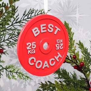 Best Coach Ornament / Barbell Plate Christmas Decoration / Car Mirror Charm / Trainer Crossfit Weightlifting Powerlifting Strongman Gift image 4