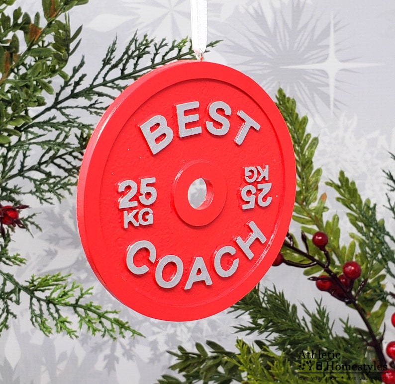 Best Coach Ornament / Barbell Plate Christmas Decoration / Car Mirror Charm / Trainer Crossfit Weightlifting Powerlifting Strongman Gift image 4