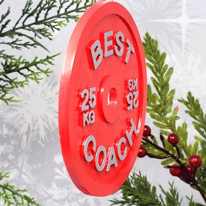 Best Coach Ornament / Barbell Plate Christmas Decoration / Car Mirror Charm / Trainer Crossfit Weightlifting Powerlifting Strongman Gift image 5