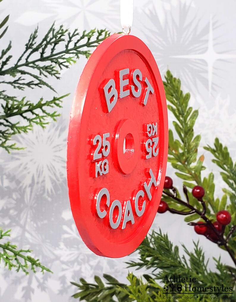 Best Coach Ornament / Barbell Plate Christmas Decoration / Car Mirror Charm / Trainer Crossfit Weightlifting Powerlifting Strongman Gift image 5