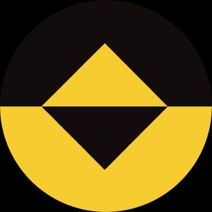 May include: A circular graphic design featuring a horizontal split. The top half is black with a yellow diamond shape, and the bottom half is yellow with a black inverted triangle shape, creating a geometric contrast within the circle.
