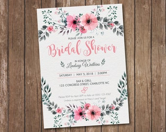 BRIDAL SHOWER INVITATION, Floral Bridal Shower Invite, Couples Shower Invitation, Pink Floral Bridal Shower, Rustic Bridal Shower Invite