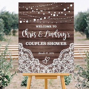 RUSTIC WELCOME SIGN, Couples Shower Welcome Sign, Wedding Welcome Sign, Bridal Shower Welcome Sign, String Lights Sign, Wood and Lace Sign