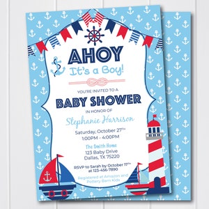 NAUTICAL BABY SHOWER Invitation, Ahoy It&#39;s A Boy Invite, Anchor Baby Shower, It&#39;s A Boy, Blue Baby Shower Invite, Sailor Baby Shower
