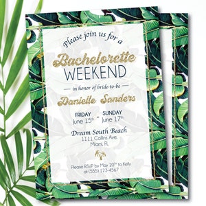 TROPICAL BACHELORETTE PARTY Invitation, Palm Tree Bachelorette Invite, Bachelorette Itinerary, Banana Leaf Invitation, Beach Bachelorette