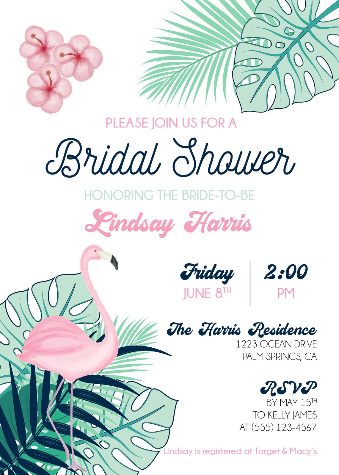 TROPICAL BRIDAL SHOWER Invitation, Flamingo Bridal Shower, Palm Tree