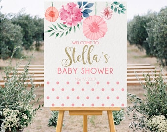 BABY SHOWER WELCOME Sign, Pink Baby Shower Welcome Sign, It's A Girl Welcome Sign, Pink Polka Dot Welcome Sign, Blush and Gold Welcome Sign