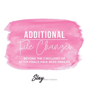 May include: Pink watercolor background with the text "ADDITIONAL File Changes BEYOND THE 3 INCLUDED OR AFTER FINALS HAVE BEEN EMAILED" and the text "Slay PARTY DESIGN" at the bottom.