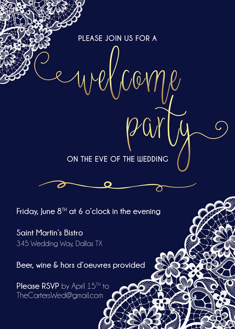 WELCOME PARTY INVITATION, Rehearsal Dinner Invite, Navy and Gold