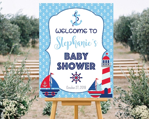 Nautical Baby Shower Welcome Sign Template Lighthouse Shower Welcome Sign Beach Baby Shower Welcome Poster Sign Ahoy It/'s a Boy Shower BSN