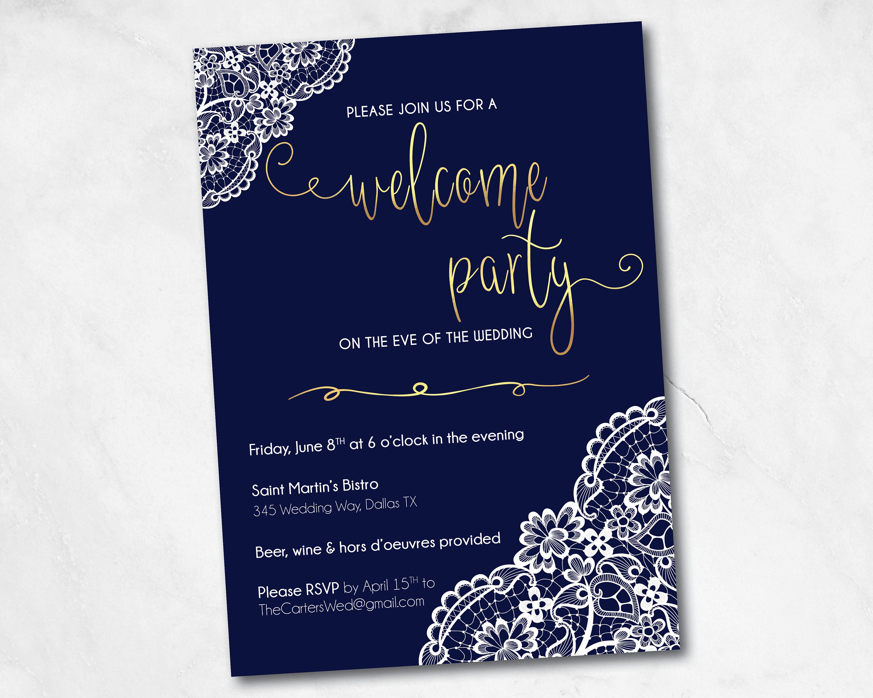PARTY INVITATION, Rehearsal Dinner Invite, Navy and Gold