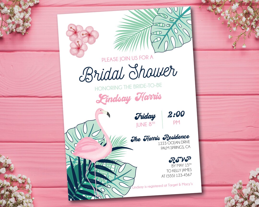 TROPICAL BRIDAL SHOWER Invitation, Flamingo Bridal Shower, Palm Tree