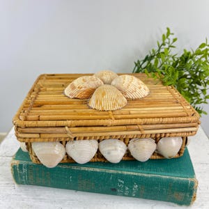 Vintage Bamboo Shell Lidded Box | Coastal Seashell Keepsake Box | Beach Cottage Decor | Rattan Trinket Box | Nautical Storage