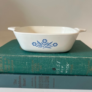 May include: A white, rectangular casserole dish with a blue floral design. The dish has two handles and is sitting on top of two vintage books with green covers. The books have text on the spines.
