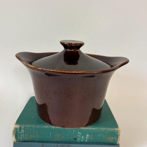 May include: A dark brown ceramic casserole dish with a matching lid. The dish has a flared shape with curved handles and a small knob on the lid. The dish is sitting on top of a stack of teal-colored books.