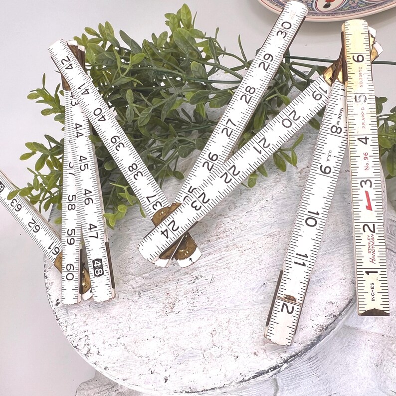 Vintage White Wooden Stanley Handyman Extension Folding Ruler / Wood Carpenters Tape Measure Old Tools image 5