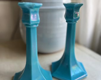 Antique Northwood Glass Candle Sticks / Jade Blue Opalescent Glass / Turquoise Glass Candle Sticks /Depression Glass