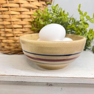 May include: A tan ceramic bowl with blue and red stripes, filled with white eggs. A woven basket and green foliage are in the background. The bowl is on a white surface.
