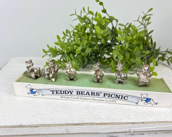 Vintage Lunt Teddy Bears Picnic 6 Silverplated Mini Birthday Candleholders
