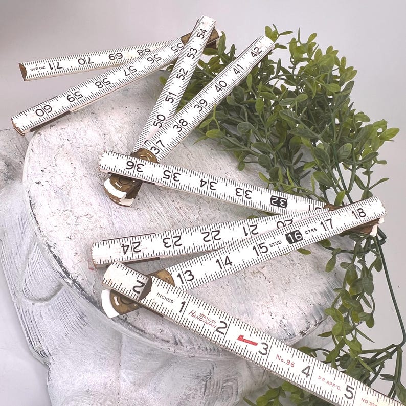 Vintage White Wooden Stanley Handyman Extension Folding Ruler / Wood Carpenters Tape Measure Old Tools image 1