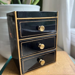 Vintage Black Lacquer Japanese Drawered Jewelry Case / Gold Trim Floral Hand Painted Jewelry Box Multi Compartment/Ortagiri Mirror Ring Box