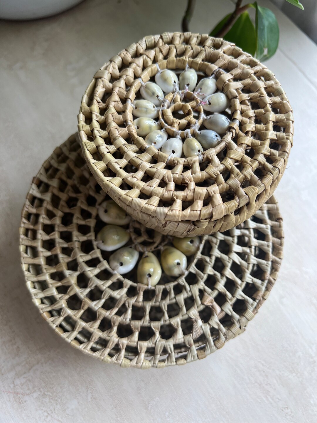 Wicker Shell Set of 2 Vintage Wicker Cowrie Shells Woven Sweetgrass Baskets Trinket ...