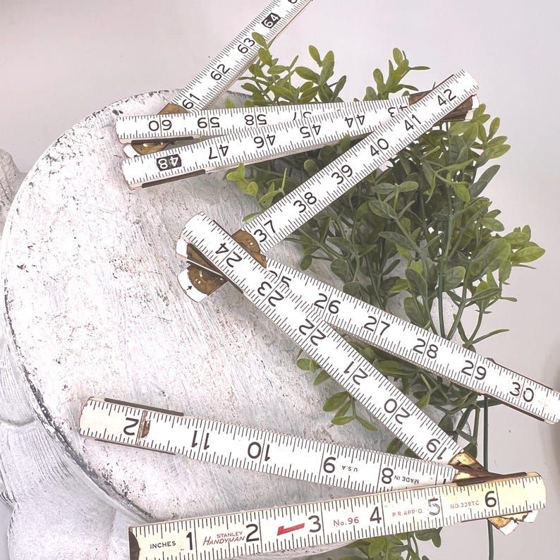 Vintage White Wooden Stanley Handyman Extension Folding Ruler / Wood Carpenters Tape Measure Old Tools image 6