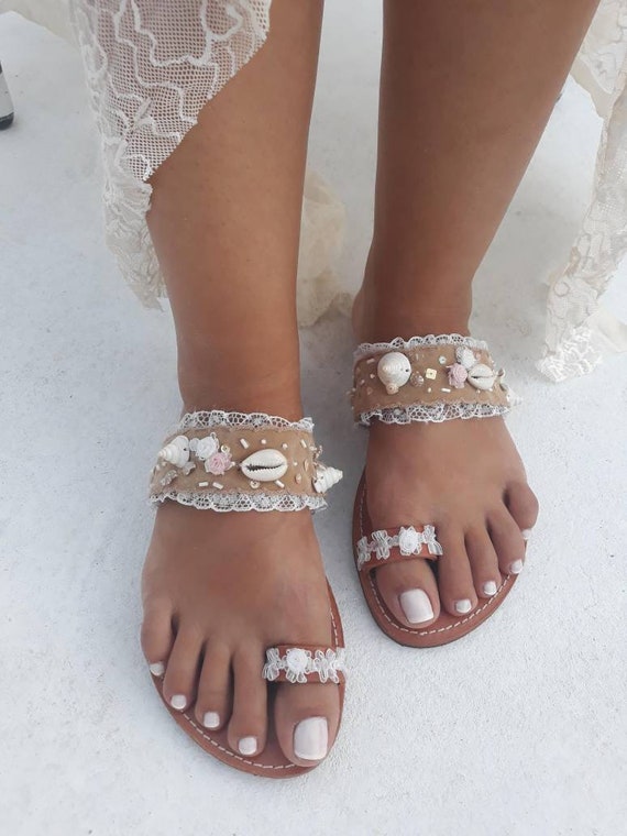 women boho handmade pearl beach sandals bridal shoes