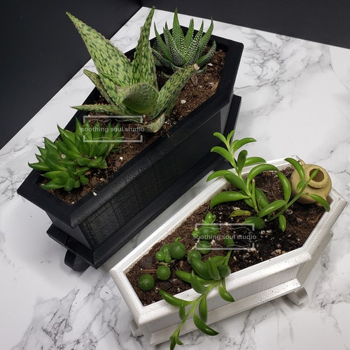 Coffin Mini Planter & Stand, Goth Succulent Planter Decor, Indoor Housewarming Plant Gift, Cute Desk Decor, Spooky Plant Pot with Drain