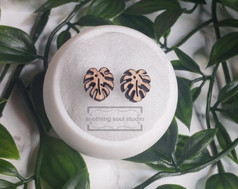 Monstera Wood Plant Stud Earrings, Tiny Studs, Stainless Steel Post Earrings, Small Cute Leaf, Monstera Deliciosa, Plant Jewelry Gifts