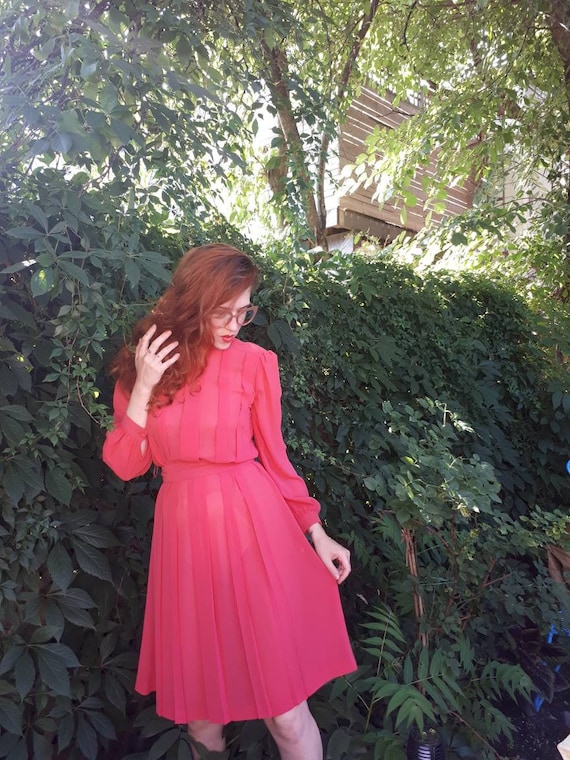 70s 80s Vintage Pleated Dress in Sheer Coral Poly Chiffon Label