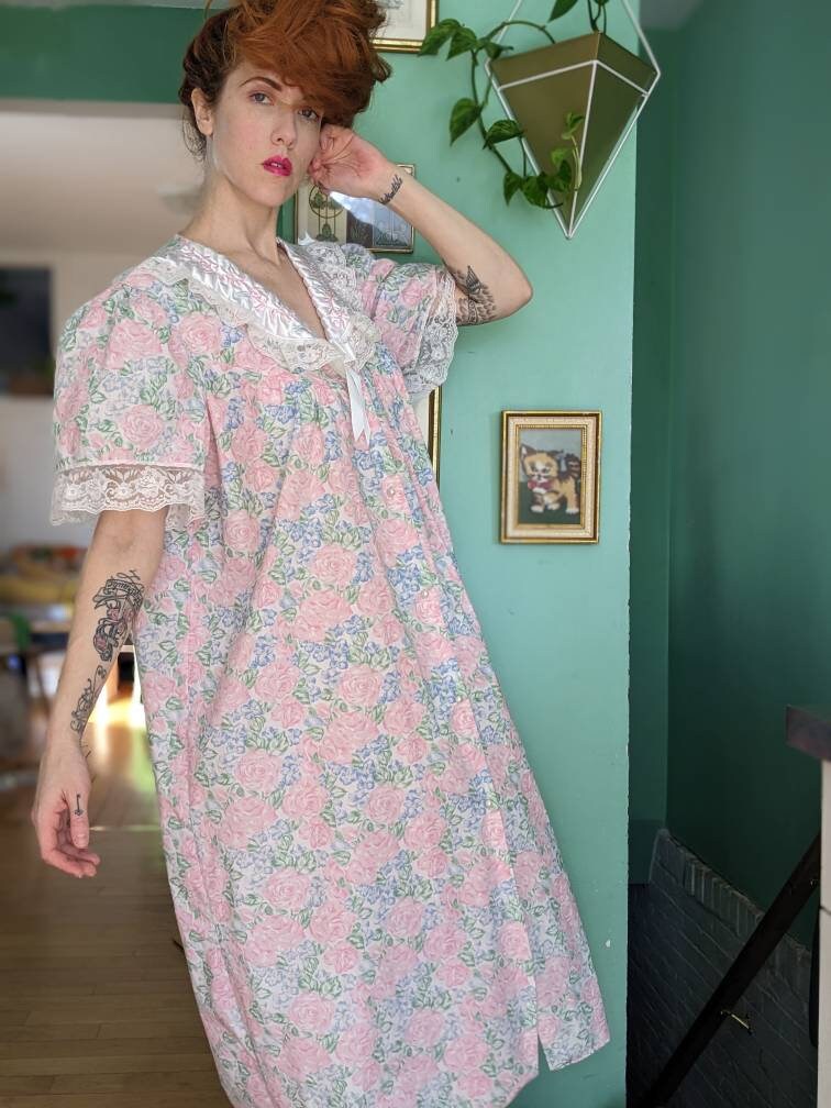 80s 90s Vintage Nightgown by Express Plus, Cottagecore Pink & Blue  
