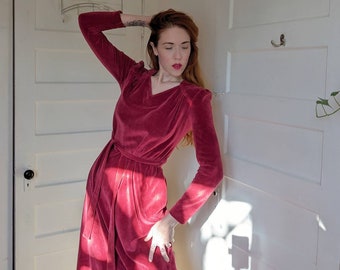 70s 80s Velour Medieval-Inspired Vintage Maxi Dress, Soft Cranberry Red Cozy Winter Dress with Pockets by Perri Ann