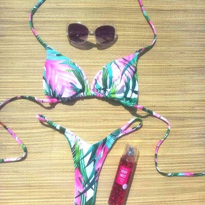 Tropical Print Triangle Bikini Set - Removable Pads - Seamless High Cut Thong Bottom - Sexy Summer Beach Swimwear