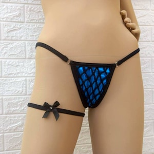 Royal Blue Holographic Thong – Black Fishnet & Strappy Panties – Gift Leg Garter - Sexy Handmade Festival Lingerie