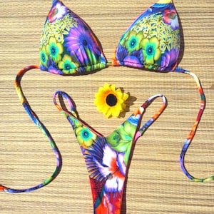 Neon Floral High Cut Thong Bikini – Seamless Triangle Top – Removable Padding – Handmade Sexy Swimwear