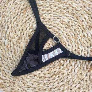 Black Mesh Thong with Silver Heart - Sparkly Strappy Lingerie for Her