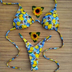 Lemon Print Thong Bikini Set – Triangle Top - High Cut Seamless Bottom – Adjustable - Padded – Fully Lined Citrus Swimsuit