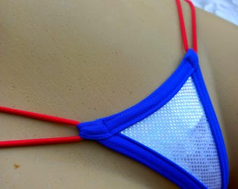 Microtanga holográfico con tiras rojas y azules / Lencería de festival inspirada en EE. UU.