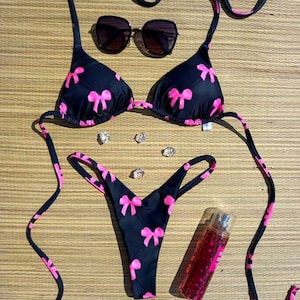 Pink Bow Print Thong Bikini Set – Black High Cut Seamless Swimwear, Triangle Top, Removable Pads