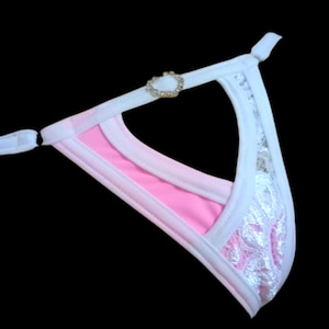 Open front lace micro string thong with heart rhinestone