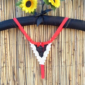 Beige Micro Lace Thong – Red Strap Satin Bow Panty – Sexy Lingerie with Rhinestone