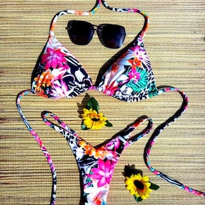 Neon Tropical Floral Thong Bikini Set – High Cut Seamless Triangle Swimwear, Removable Padding
