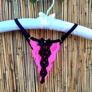 Neon Pink Lace String Thong – Black Lace Trim Sexy G-String with Satin Bow & Rhinestone