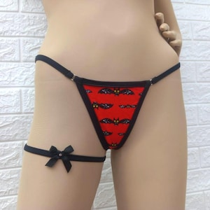 Bat Print Thong – Cute Gothic Cotton G-String with Black Straps – Gift Leg Garter - Halloween Inspired Lingerie